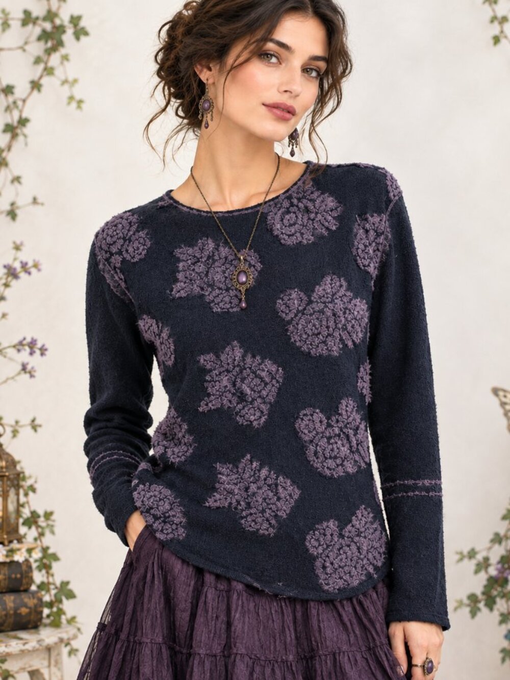 Rene Lezard Women's Black Pink Floral Wool Mohair Sweater Large L Dark Fairy